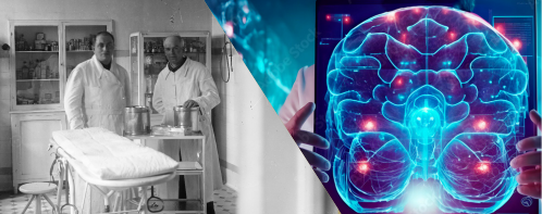 Image de gauche ancienne, image de droite futuriste cerveau ia